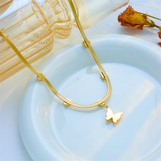 Vintage Fashion Butterfly Pendant Necklace with Rhinestone Inlay on Matte Titanium Steel Snake Chain for Women