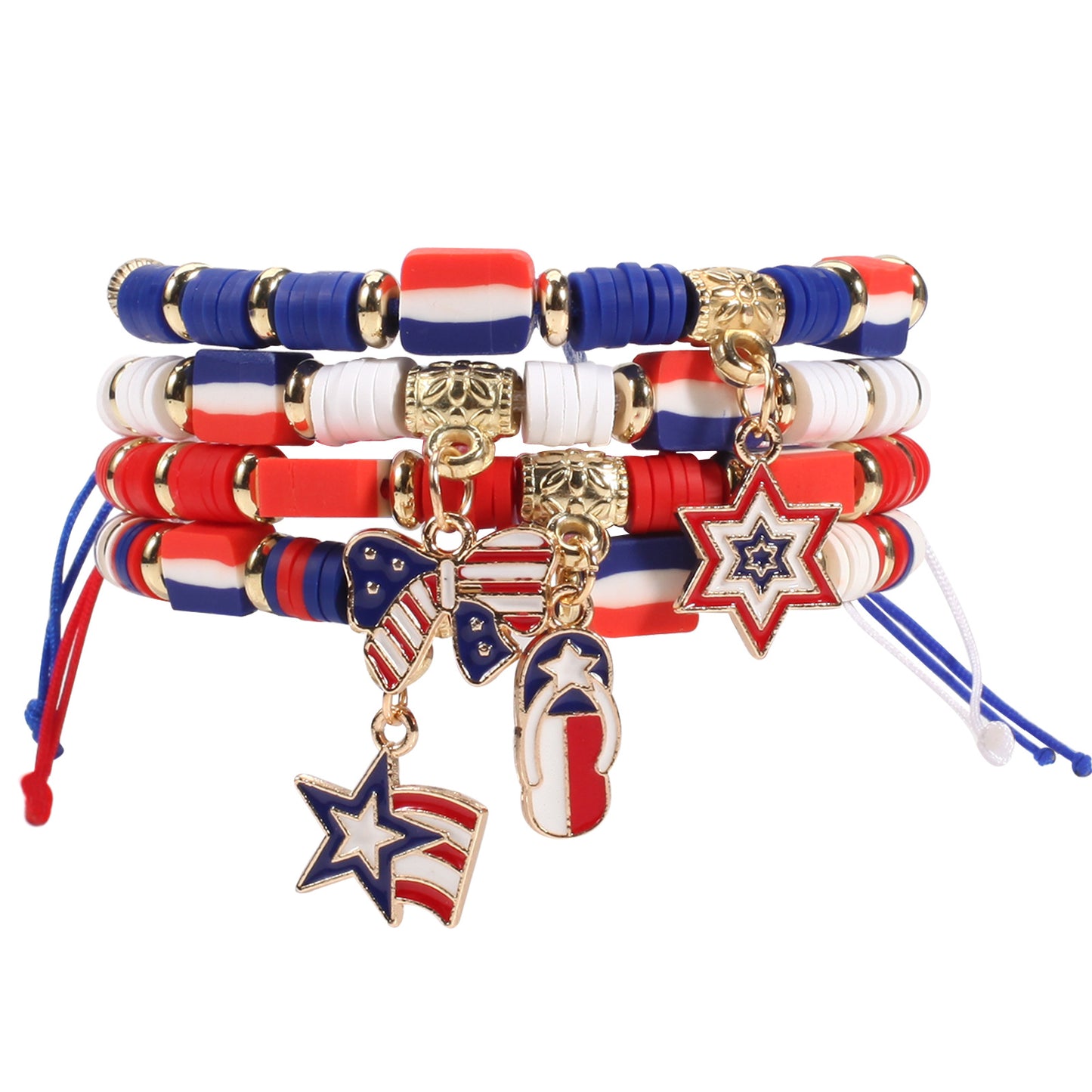 Patriotic American Flag Woven Adjustable Bracelet with Heart Star Butterfly Round Crystal Charms Red White Blue Unisex Jewelry