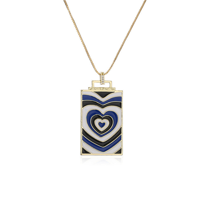 Vintage Square Geometric Drip Oil Inlay Brass Pendant Box Chain Necklace