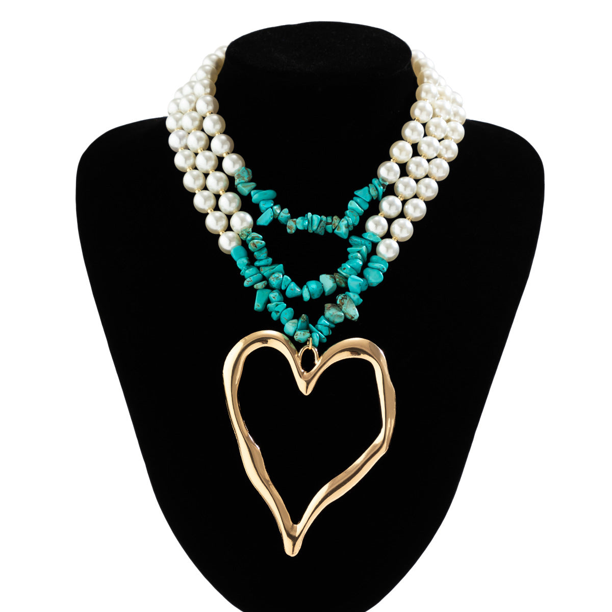 Collana vintage multistrato in turchese a forma di cuore grande da donna con ciondolo in lega e catena di perle placcate