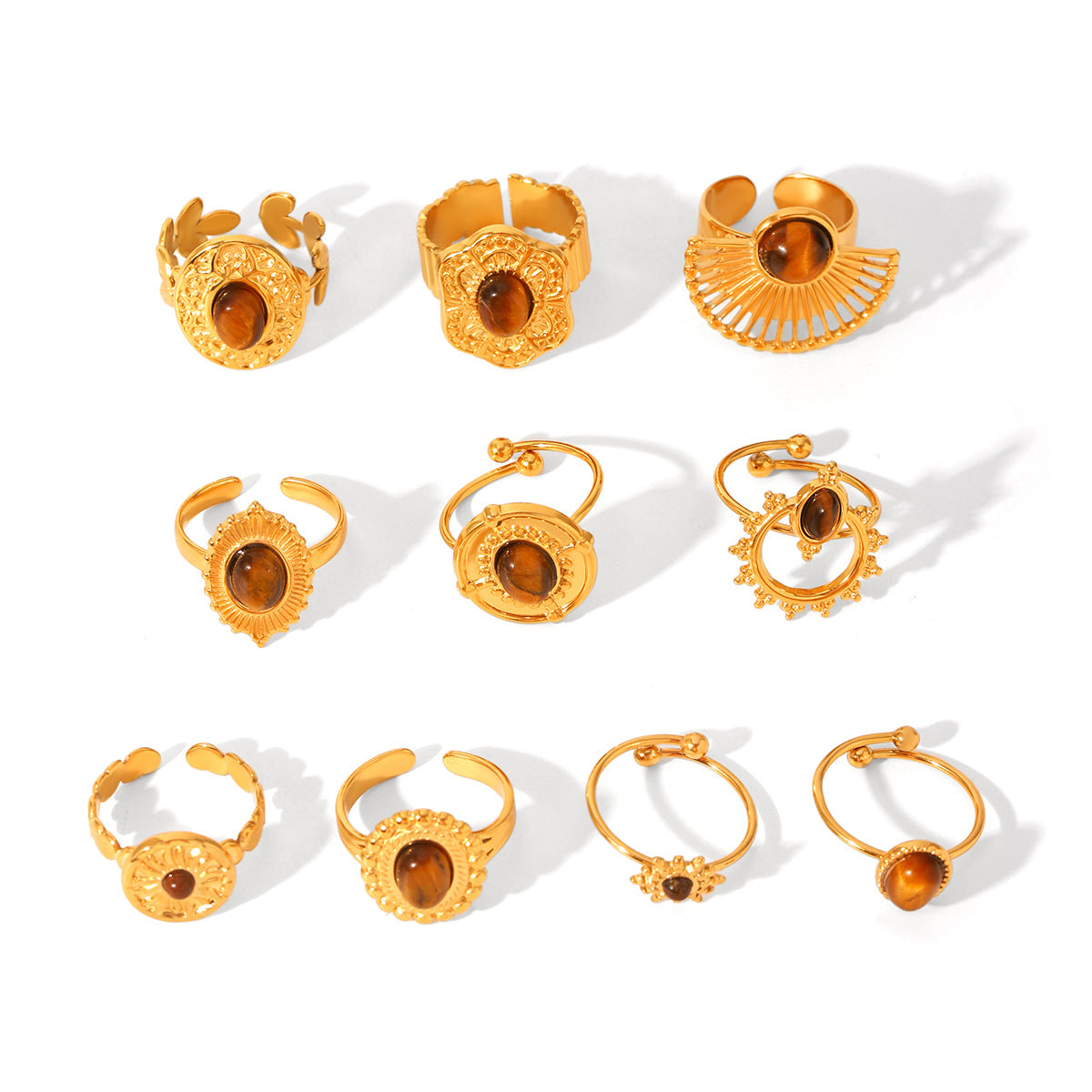 Vintage French Style Geometric Titanium Steel Ring for Women with Natural Tiger Eye Inlay, Hypoallergenic and Fade-Resistant