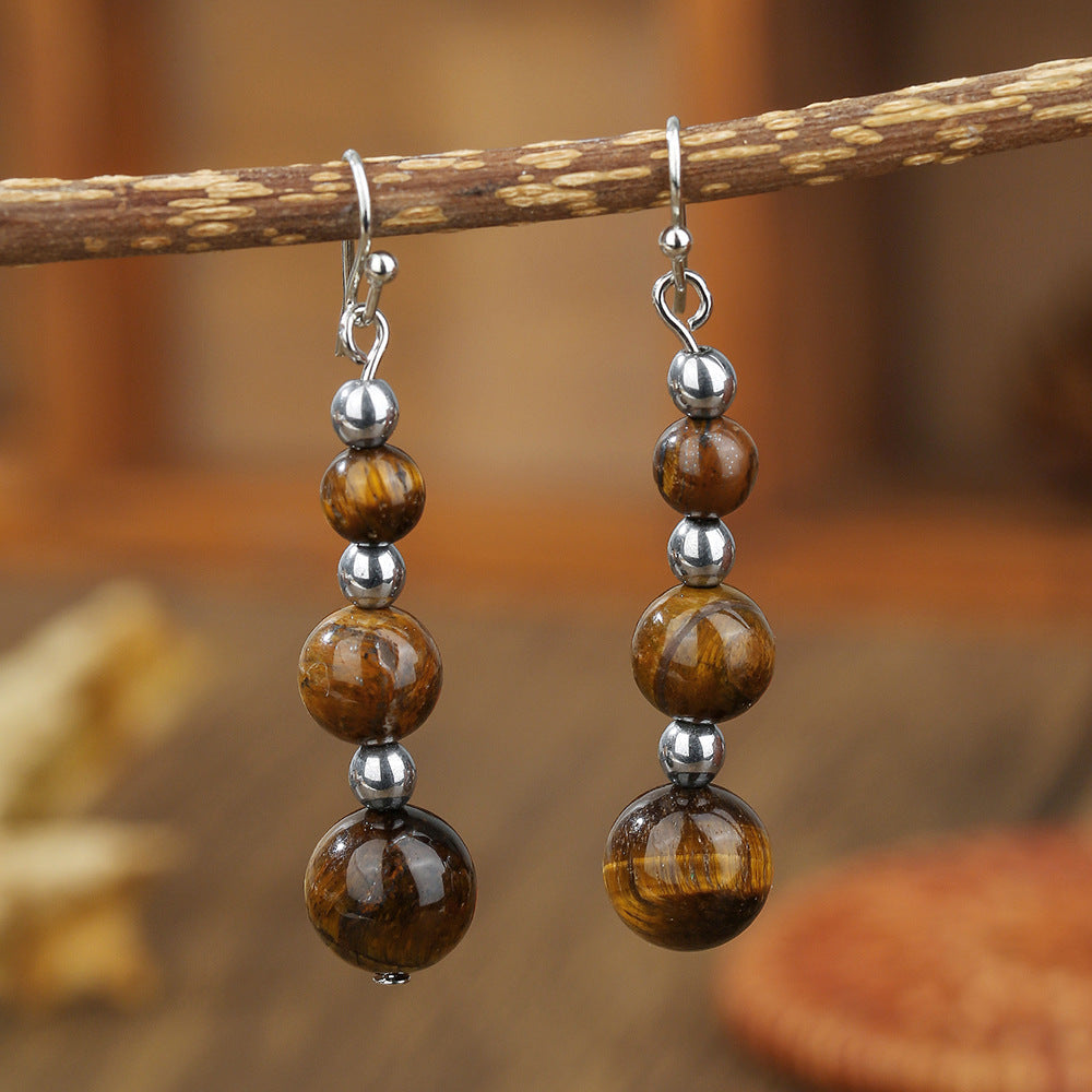 Vintage Geometric Round Tiger Eye Tassel Hook Earrings for Women