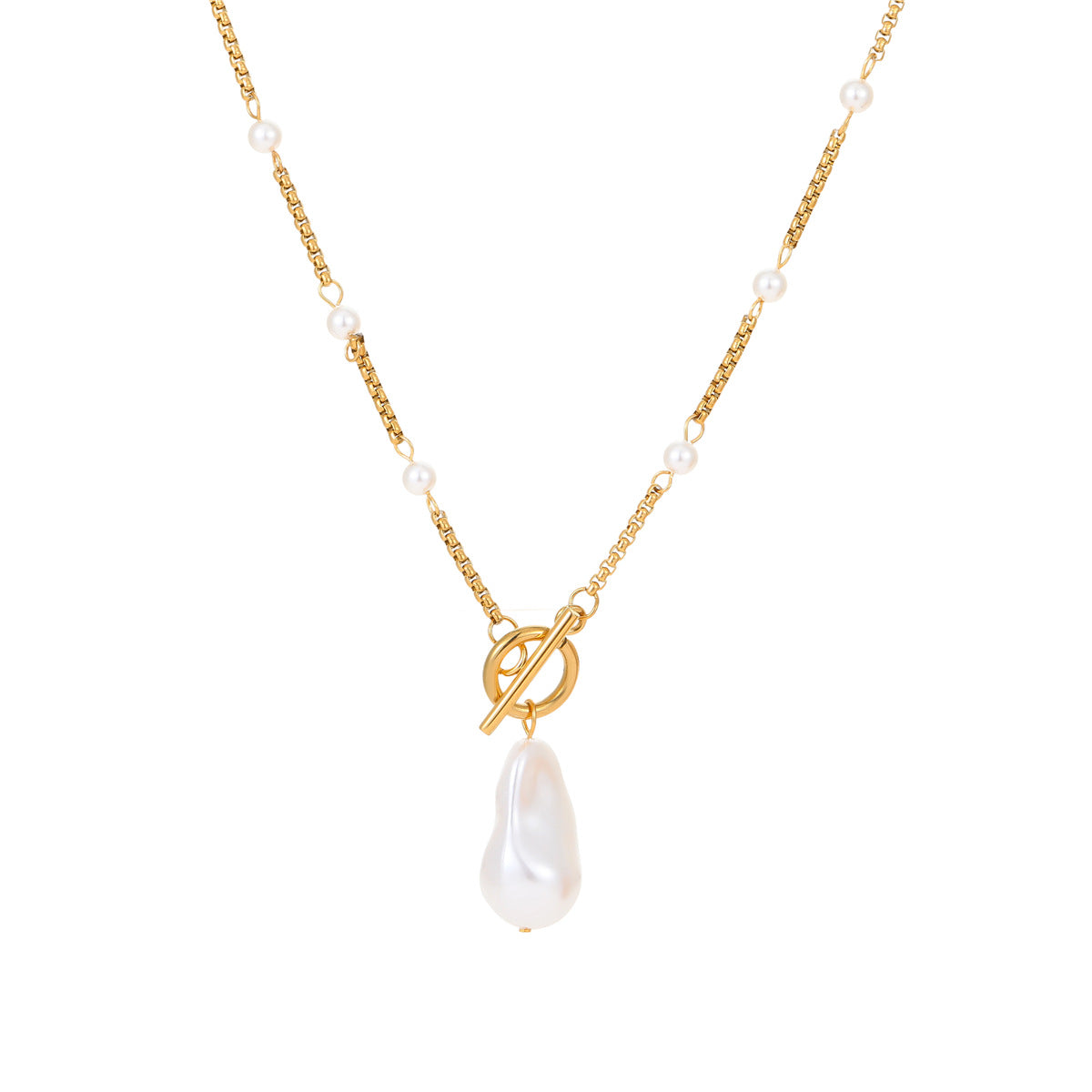 Vintage-Inspired Baroque Pearl Pendant Necklace Set with Geometric Stainless Steel Design and Electroplated Finish for Women