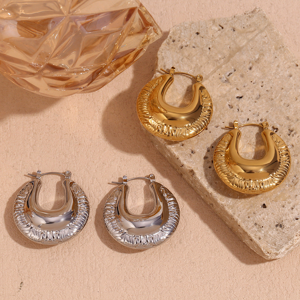 Fashionable Geometric Stainless Steel Hollow Hoop Earrings with 18K Gold Plating for Women