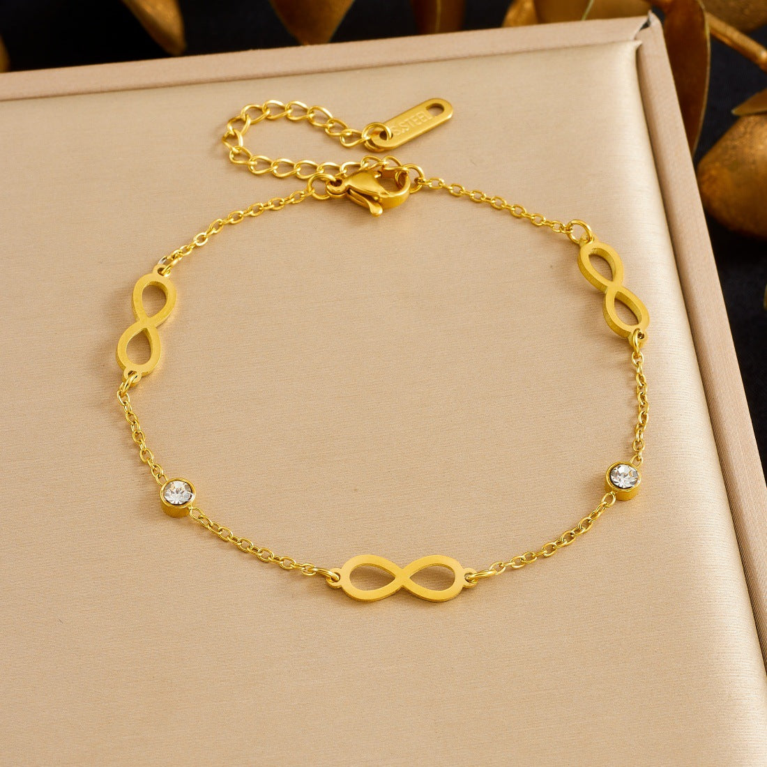 Minimalist Gold Plated Infinity Symbol Rhinestone Stainless Steel Bracelet for Women