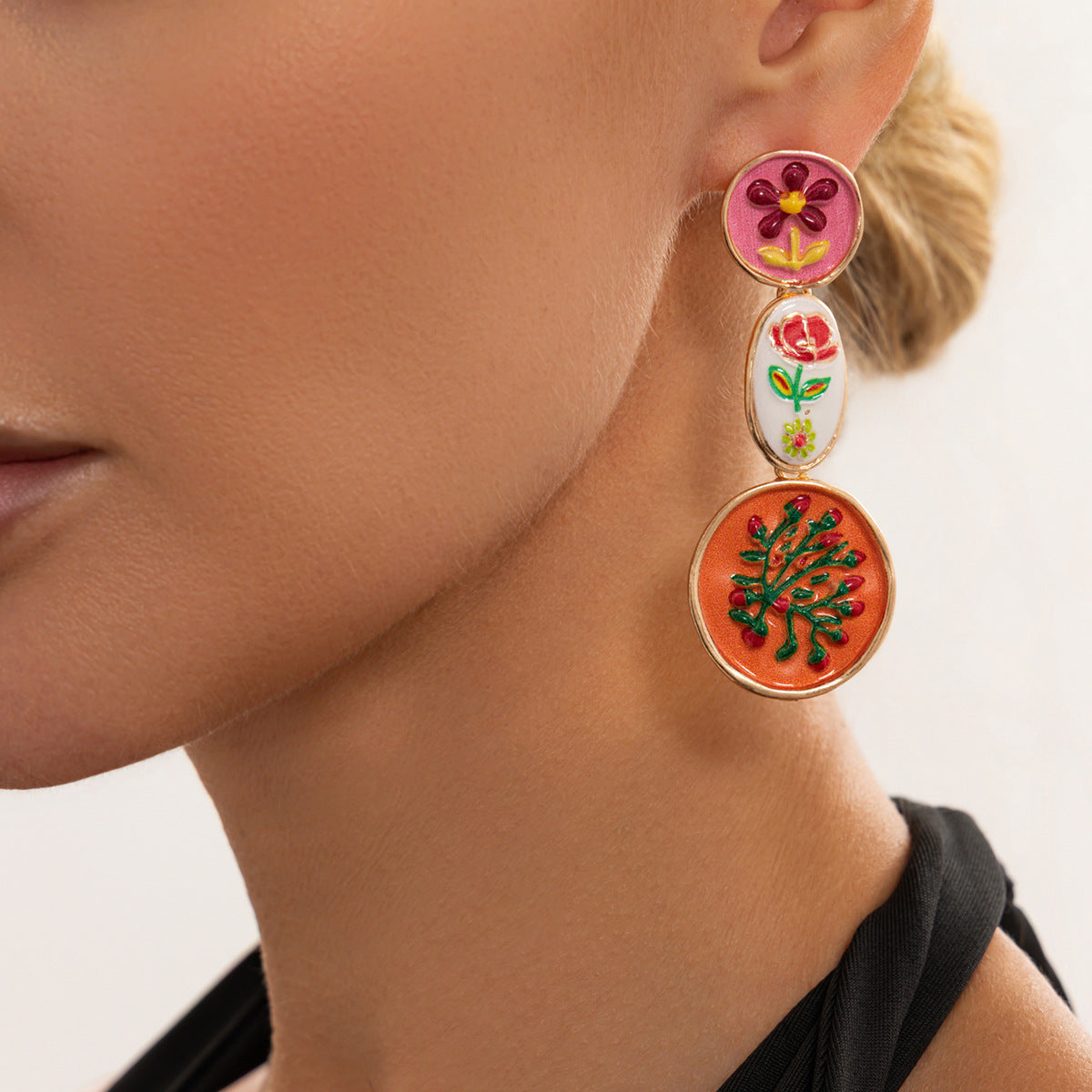 Sweet Floral Drip Oil Plated Zinc Alloy Heart Moon Geometric Earrings for Women