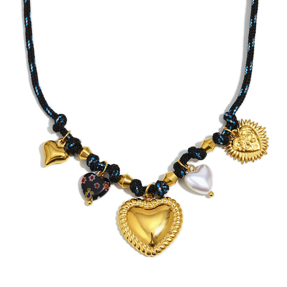 Minimalist Heart-Shaped Stainless Steel Necklace with 18K Gold Plating and Woven Rope Chain for Women