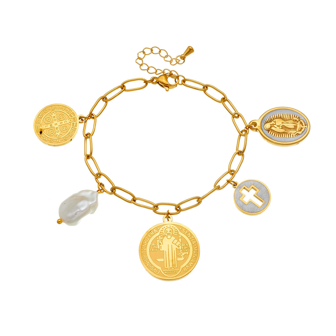 Vintage Gold Plated Stainless Steel Round Cross Pendant with Pearl Curb Chain Jewelry Set for Women