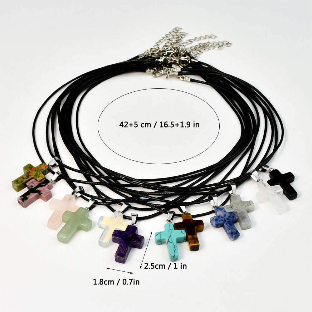 Minimalist Cross Crystal Agate Turquoise Pendant Necklace Unisex