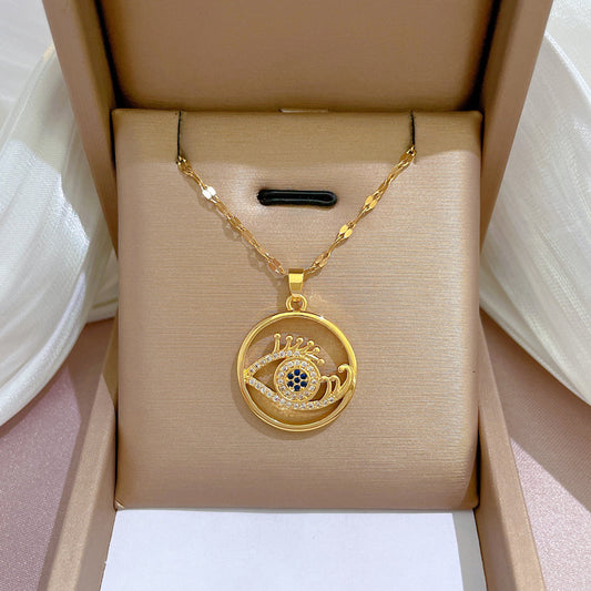 Elegant Eyelash Eye Geometric Pendant Necklace for Women in Titanium Steel with Micro-Pavé Gold Accents and Delicate Clavicle Chain