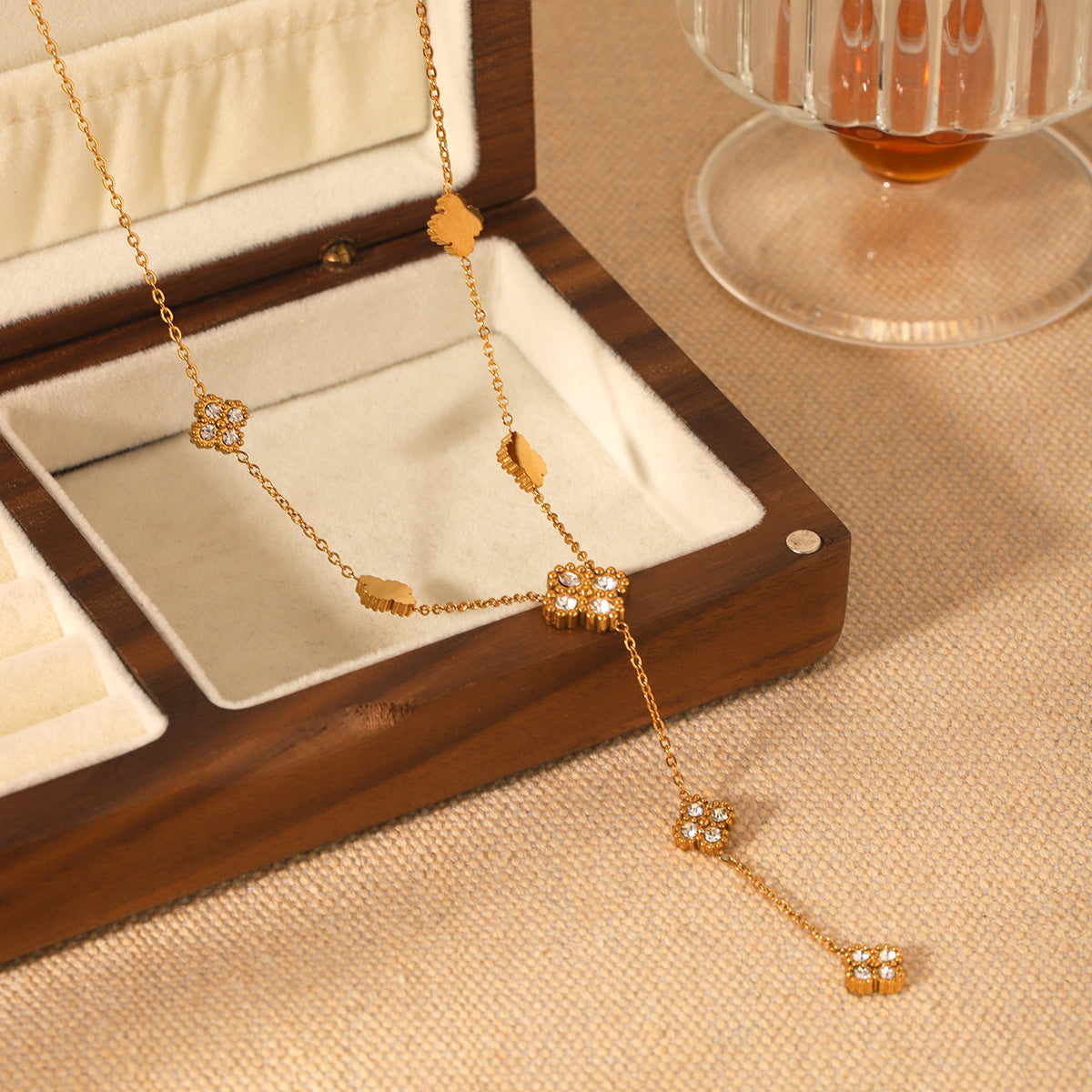 Minimalist 18K Gold Plated Stainless Steel Four-Leaf Clover Rhinestone Y-Necklace for Women