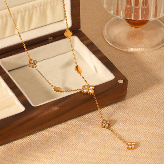 Minimalist 18K Gold Plated Stainless Steel Four-Leaf Clover Rhinestone Y-Necklace for Women