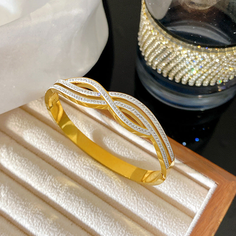 Minimalist Luxury Gold Plated Geometric Roman Number Cubic Zirconia Inlay Stainless Steel Cuff Bracelet for Women