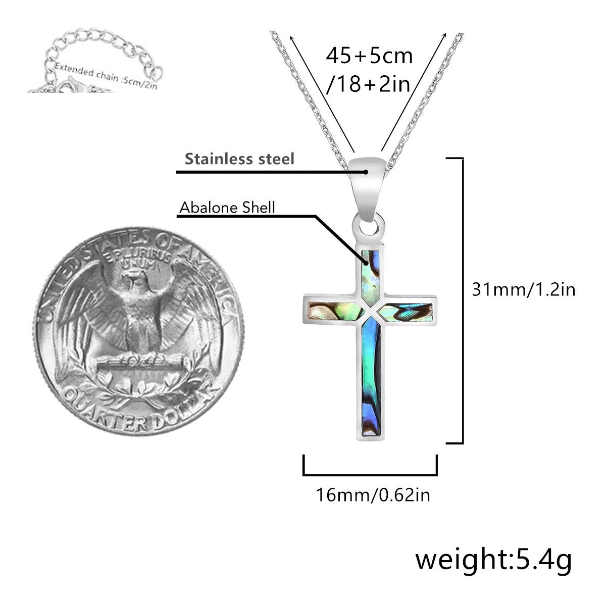 Natural Style Rainbow-Colored Cross Pendant Necklace in Stainless Steel with Abalone Shell Inlay for Women