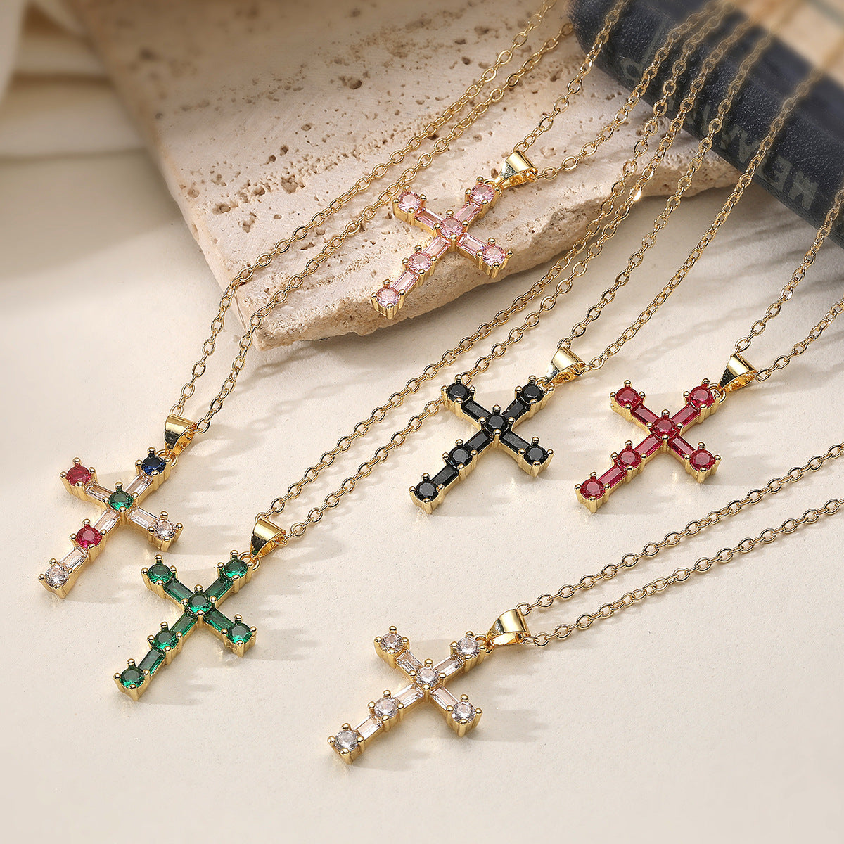 Minimalist Elegant 18K Gold Plated Brass Cubic Zirconia Cross Pendant Necklace for Women