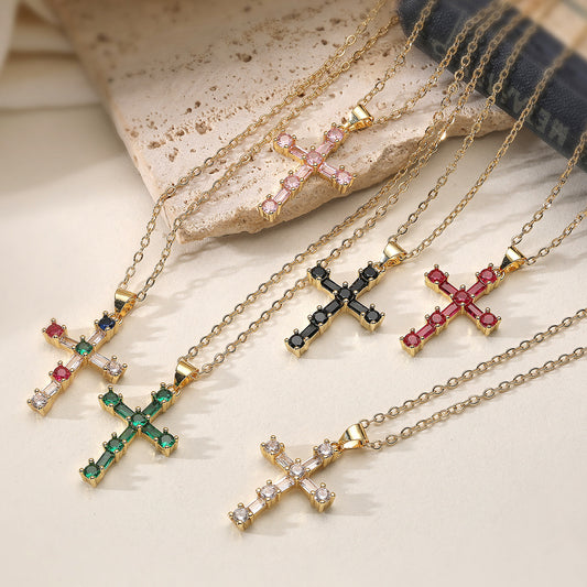 Minimalist Elegant 18K Gold Plated Brass Cubic Zirconia Cross Pendant Necklace for Women