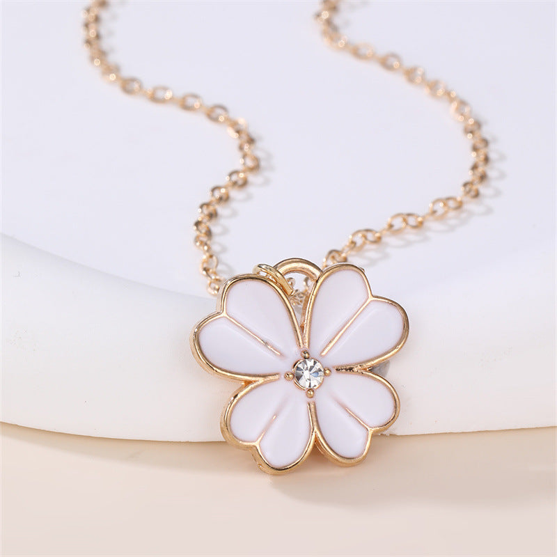 Collar con colgante esmaltado con forma de lazo floral dulce para niñas con dije de aleación y detalles de pedrería