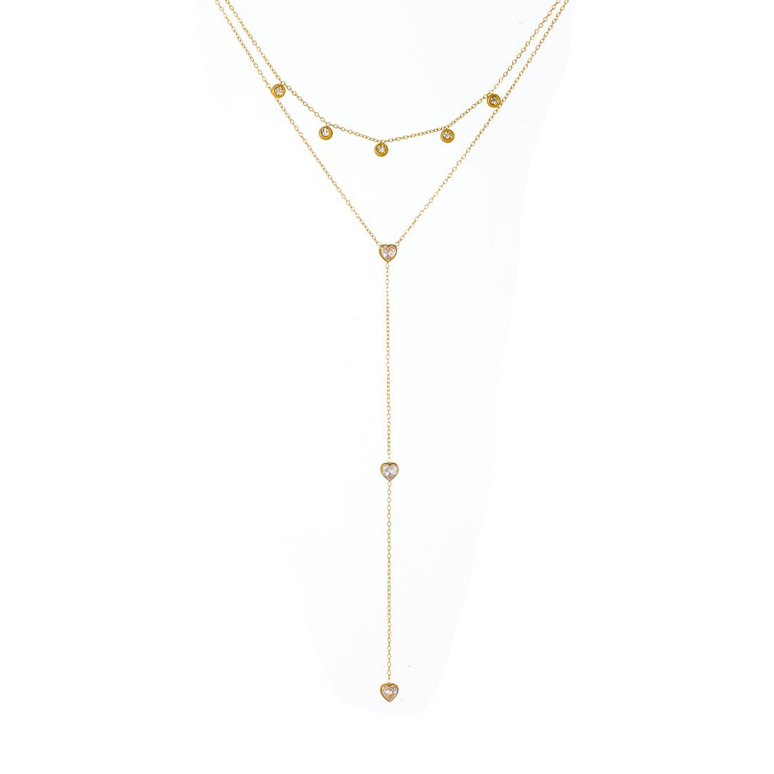 Minimalist Gold Plated Stainless Steel Heart Rhinestone Tassel Layered Necklace for Women