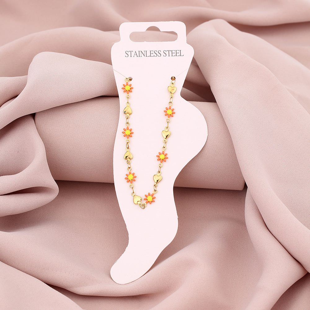 Elegante cavigliera geometrica in acciaio inossidabile da donna con motivo a petalo e occhio, accessorio di moda di lusso minimalista