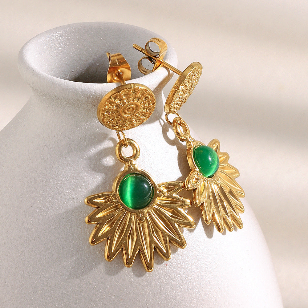 Minimalist Geometric Stainless Steel Earrings with 18K Gold Plating and Vintage Green Agate Pendant