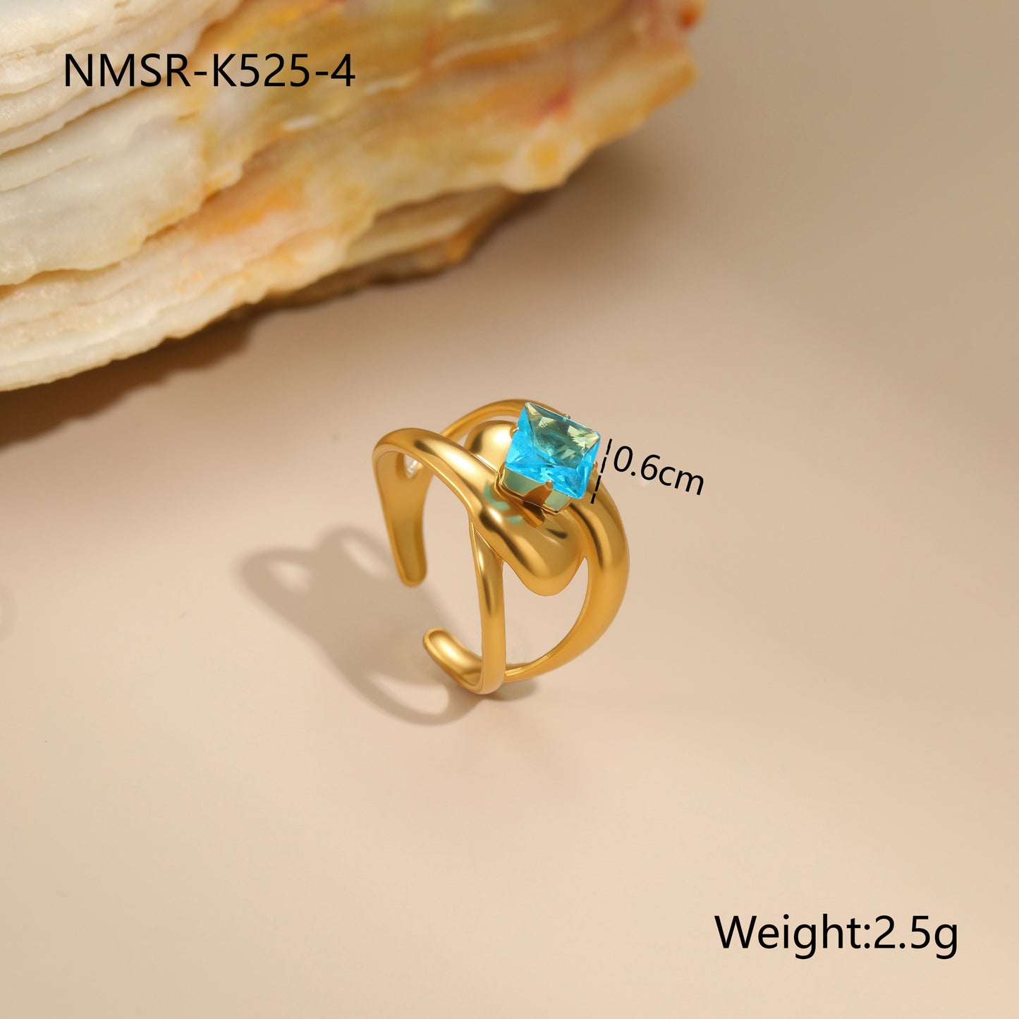 Anillo minimalista de acero inoxidable hueco geométrico con incrustaciones de circonita azul y baño de oro de 18 quilates para mujer