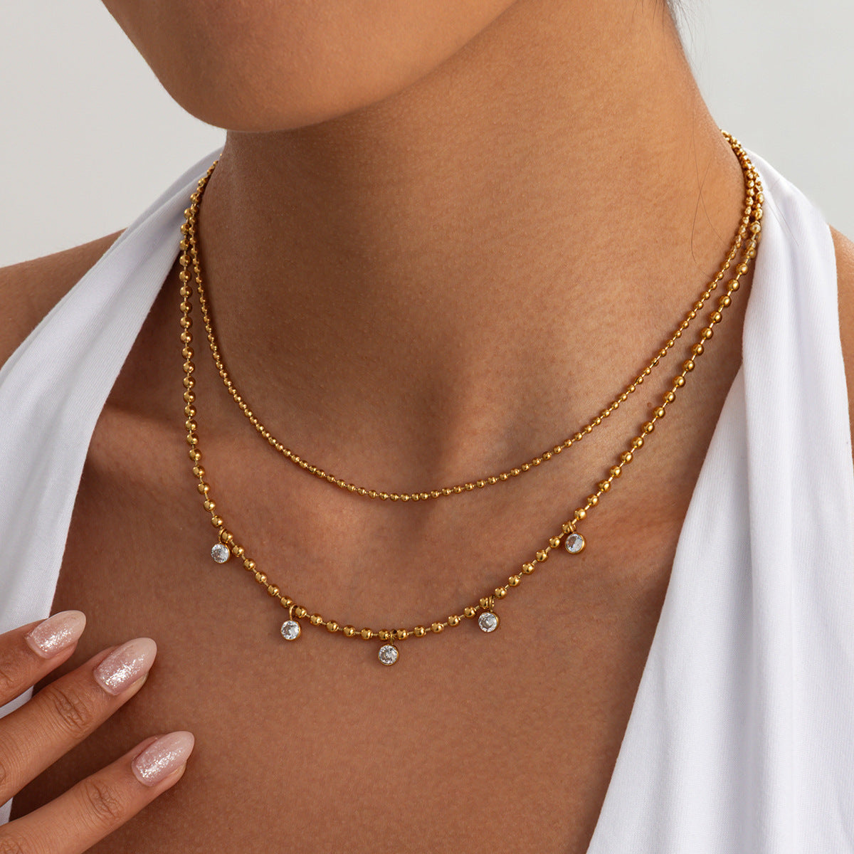 PVD 18K Gold Plated Stainless Steel Round Bead Cubic Zirconia Necklace for Women