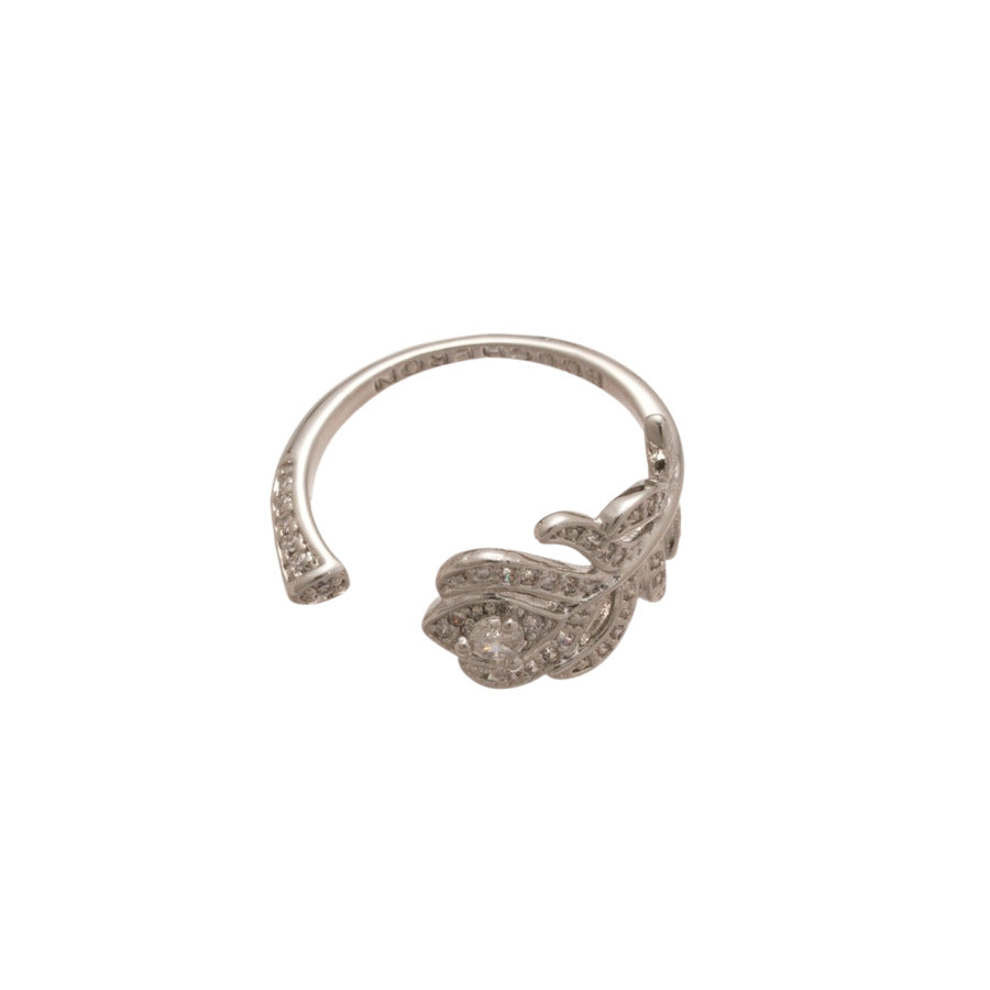 Anello aperto minimalista di lusso e set di ear cuff in foglia di rame con intarsio di zirconi per donna