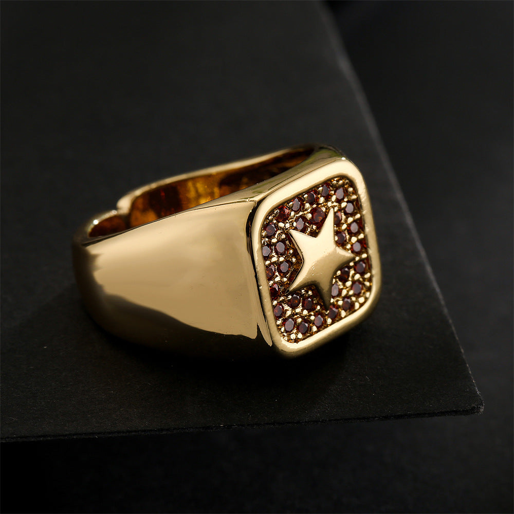 Punk Style Geometric Star-Shaped Copper Ring with 18K Gold Plating and Micro-Pave Zirconia
