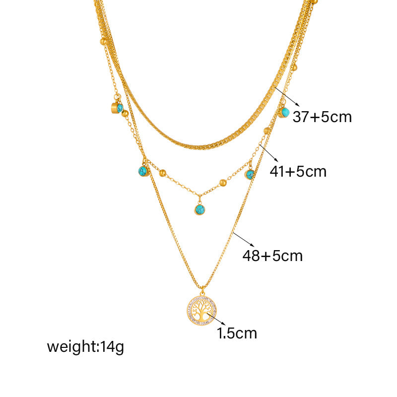 Minimalist Fashion Tree of Life Pendant Necklace in Titanium Steel with Turquoise Inlay on Multi-Layer Clavicle Chain