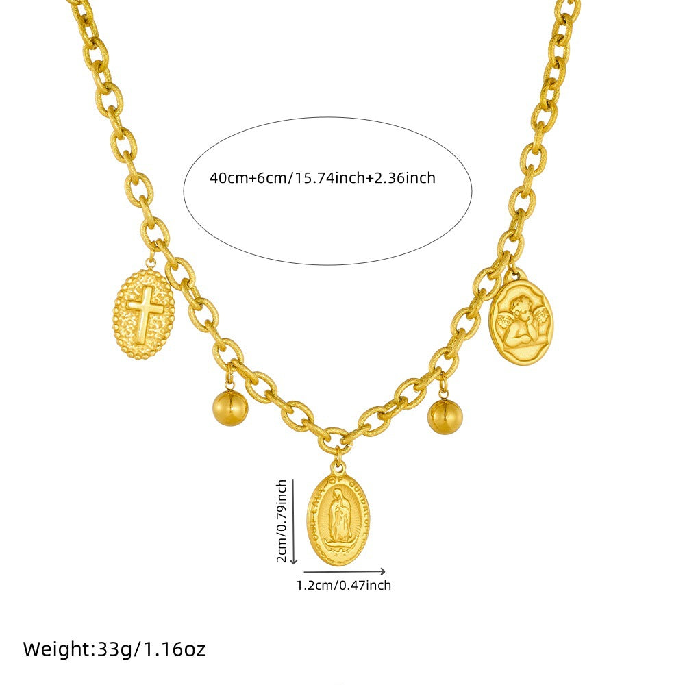 Vintage Oval Portrait Coin Pendant Necklace Set in Stainless Steel with Gold Plating for Women