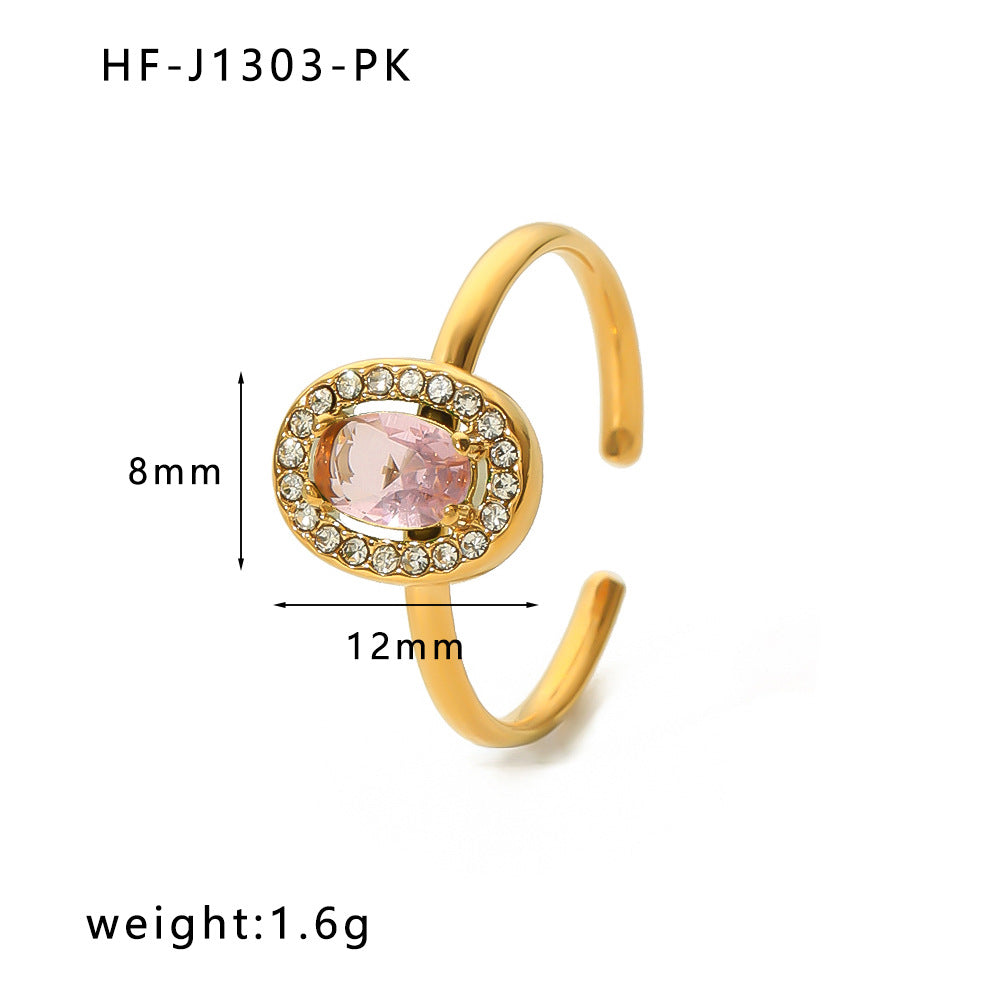 Vintage Stainless Steel Heart-Shaped Geometric Ring with Zircon Inlay and 18K Vacuum Plating for Women