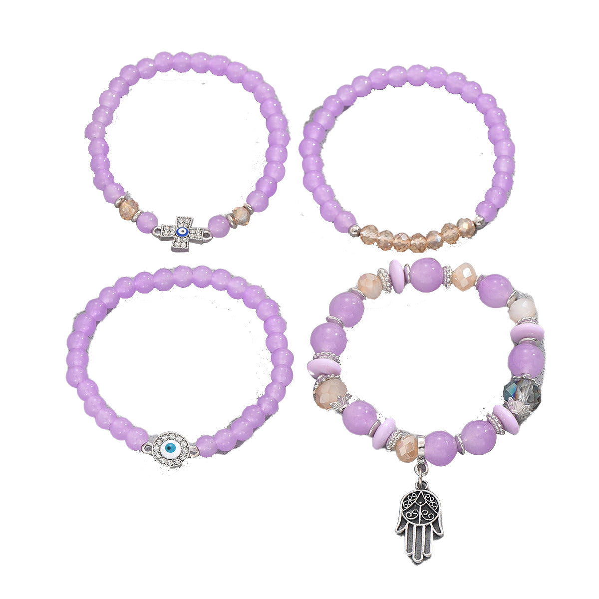 Fashionable Office Lady Style Geometric Cross Evil Eye Hand Chain Set with Glass Beads in Zinc Alloy