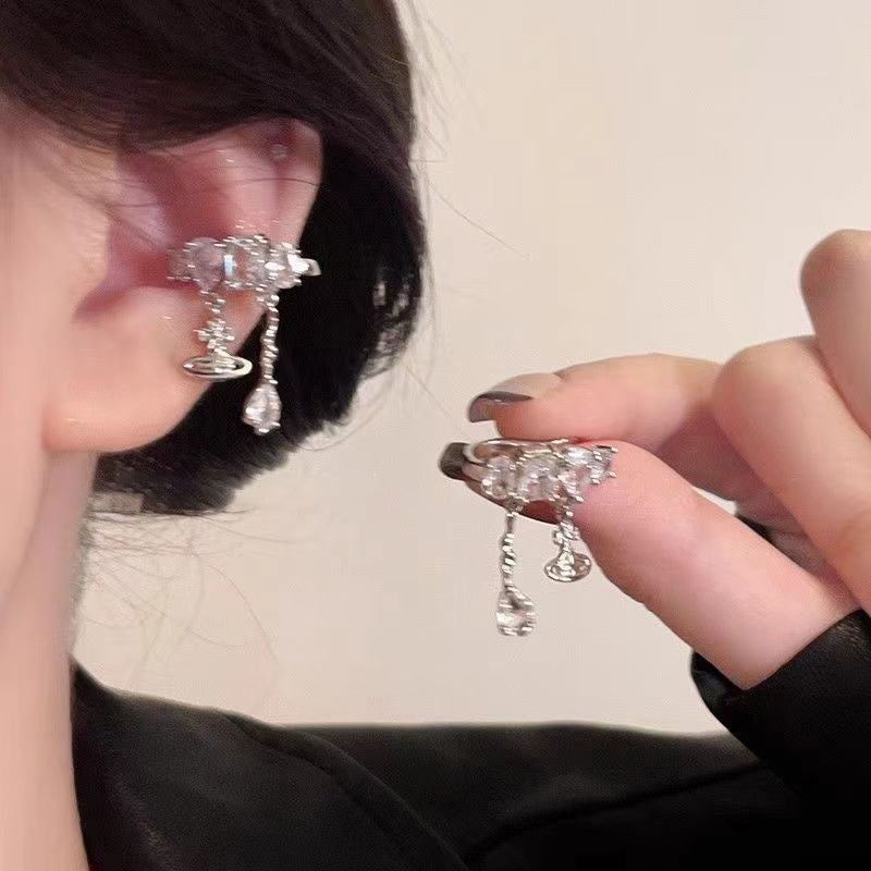 Minimalist Geometric Drop-Shaped Zirconia-Set Copper Ear Cuffs for Women with Planet and Heart Motifs