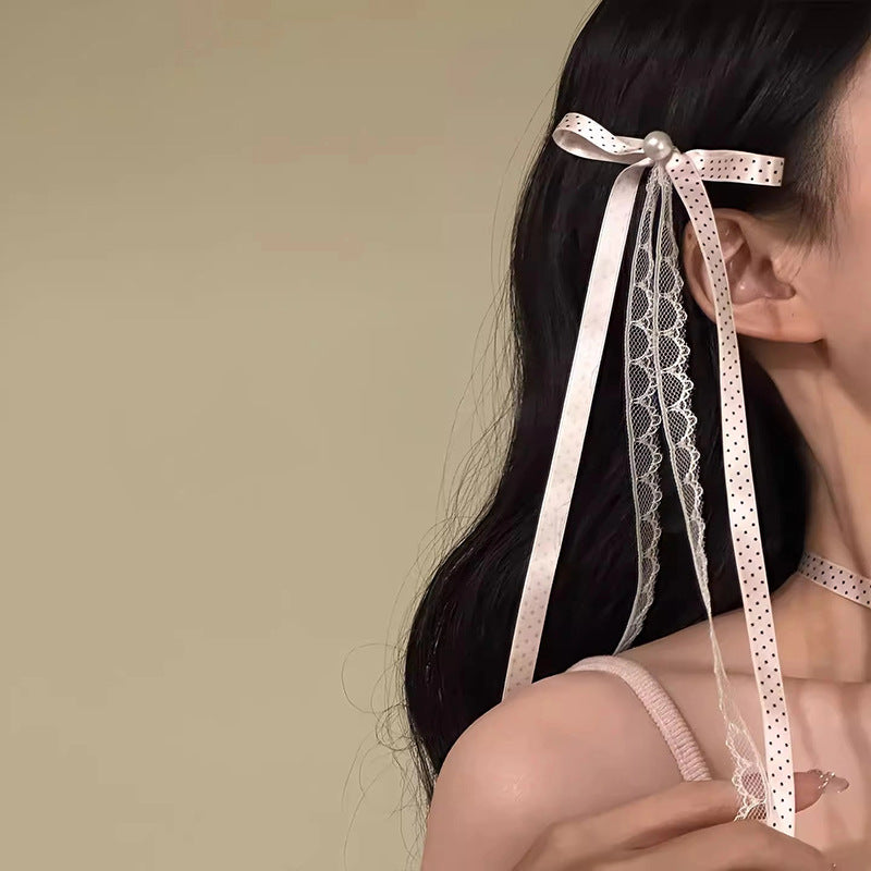 Elegante fermaglio per capelli da donna con fiocco e perle, design a pois in pizzo, molletta a becco d'anatra minimalista in tessuto e perle simulate