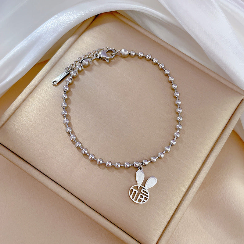 Vintage Korean-Inspired Titanium Steel Rabbit and Chinese Character Fu Pendant Bracelet for Women with Gold Plating and Wavy Texture