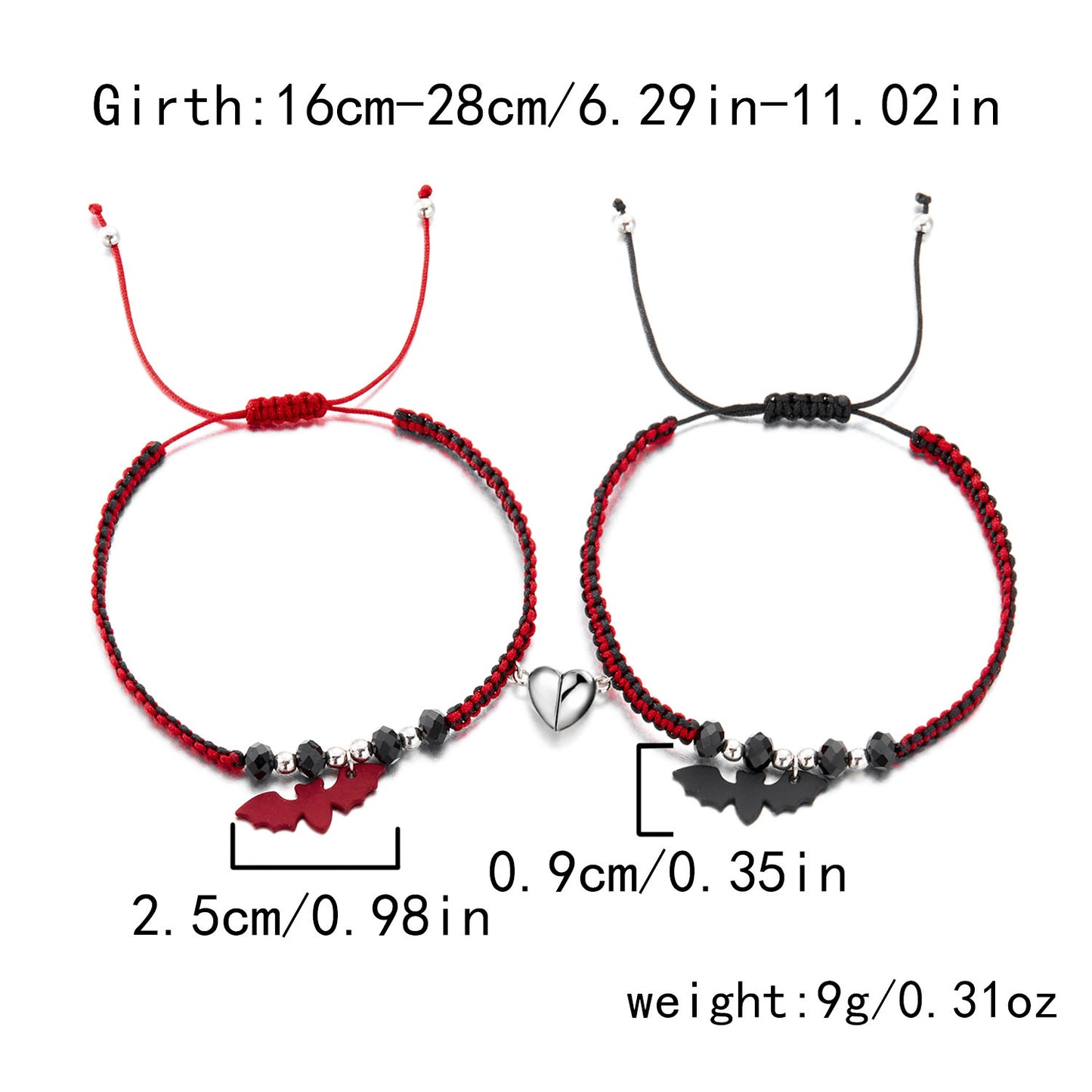 Bracciale di coppia magnetico intrecciato a tema Halloween con ragno e pipistrello e design a forma di cuore per uomo e donna