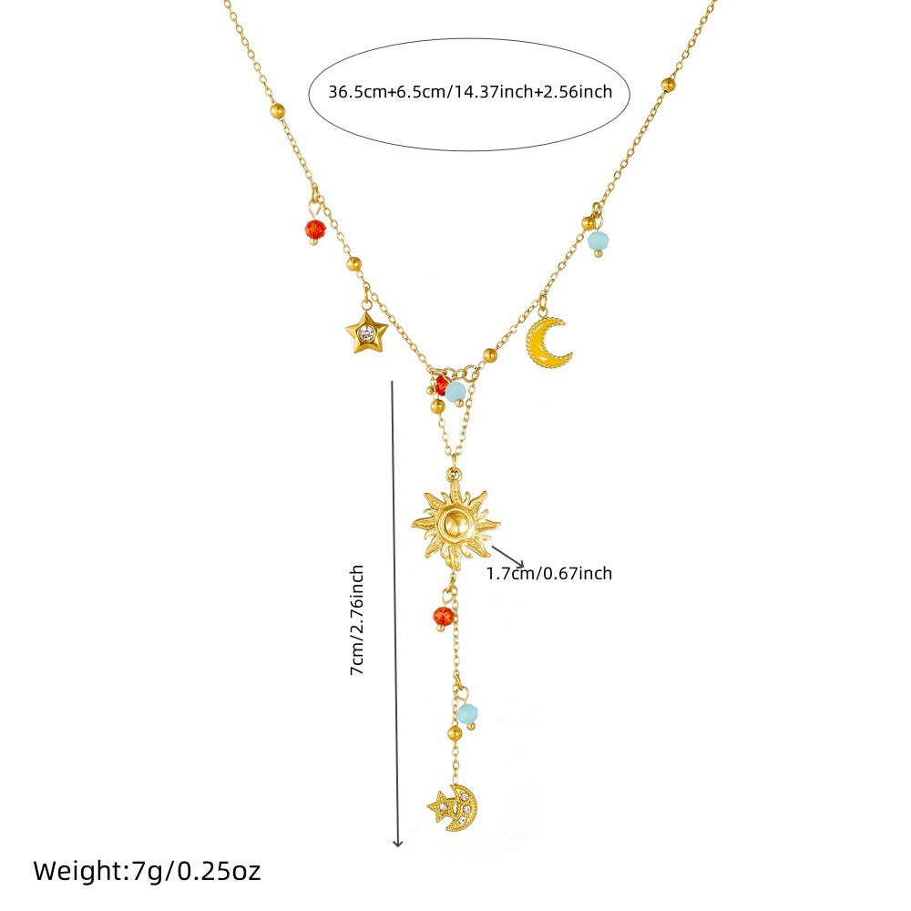 Vintage Elegant Star Moon Sun Pendant Stainless Steel Plated Y-Chain Necklace for Women