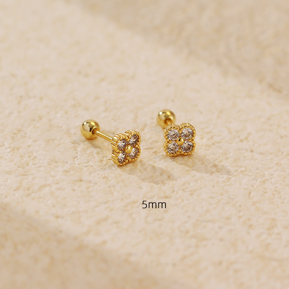 Vintage Clover-Shaped S925 Sterling Silver Stud Earrings with Rhinestone Inlay for Women