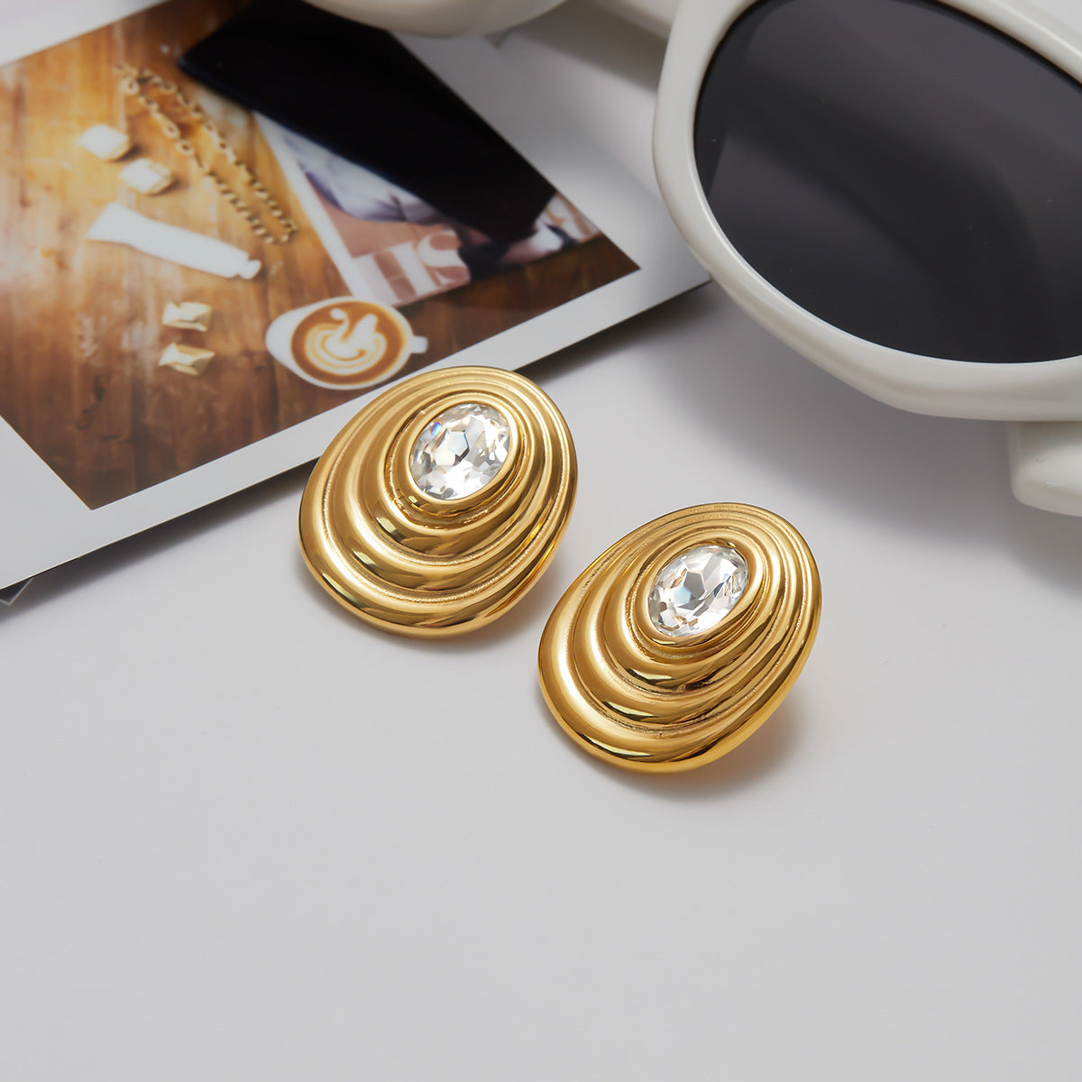 Pendientes de botón geométricos de acero inoxidable con incrustaciones de circonitas chapados para mujer, joyería de moda de lujo hipoalergénica