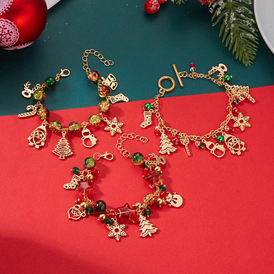 Pulsera con colgante de Papá Noel y copo de nieve para mujer, de aleación, hecha a mano, joyería festiva