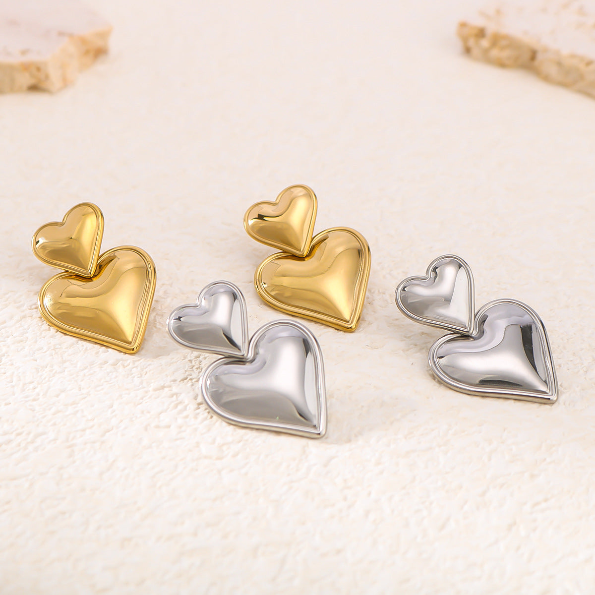 Minimalist Geometric Double-Layer Heart-Shaped Pendant Earrings in Stainless Steel with 18K Gold Plating