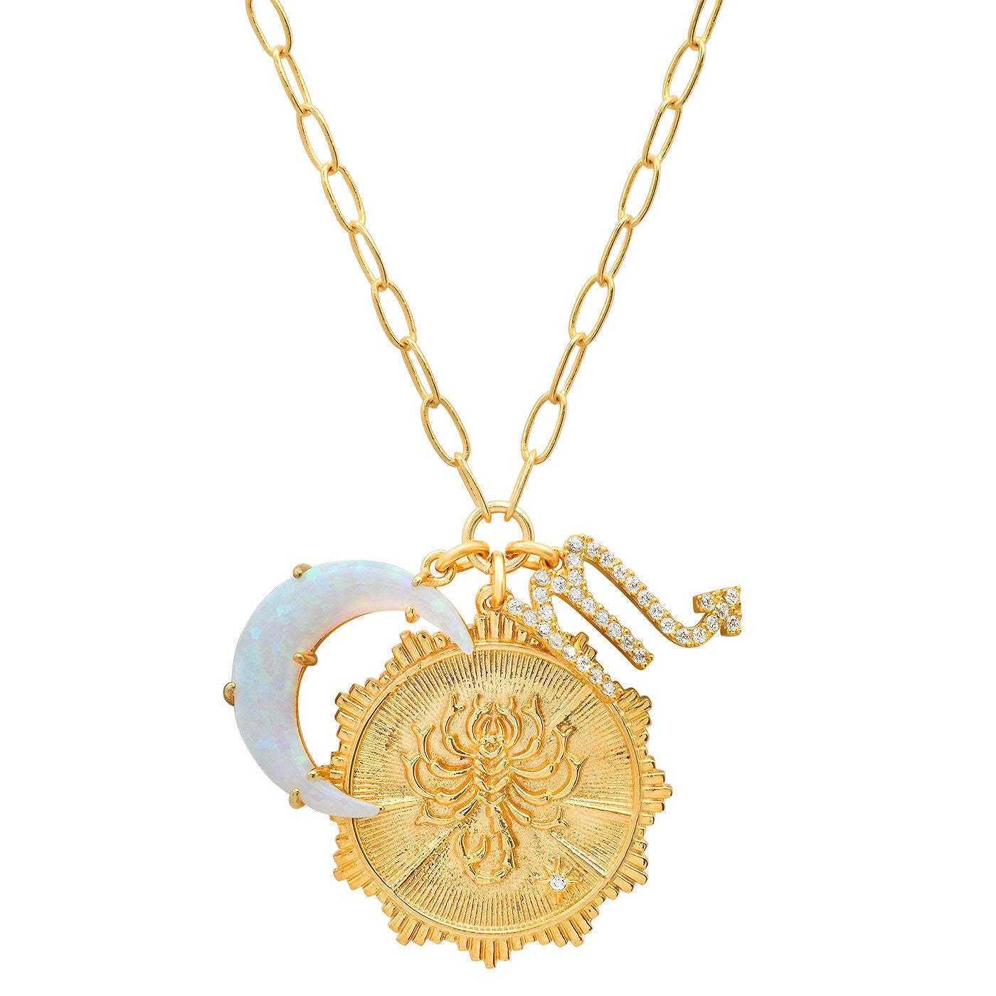 Collana con Pendente Vintage Segno Zodiacale Luna con Opale in Rame con Zirconi Micro-Pave, a Mezzaluna, Catenina Regolabile per Clavicola