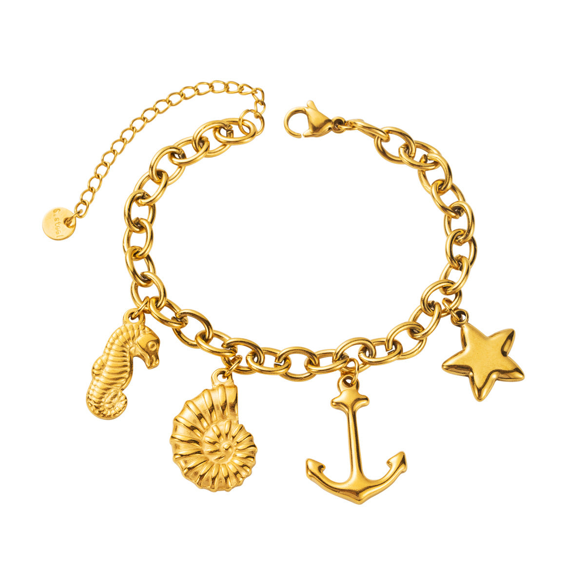 Pulsera geométrica vintage de acero de titanio para mujer con colgante de estrella de mar y concha marina, galvanizada para un color duradero