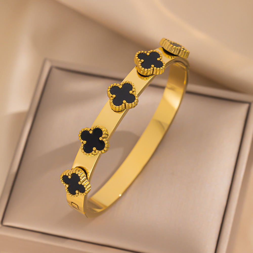 Bracciale Minimalista in Acciaio Inossidabile da Donna con Placcatura in Acciaio al Titanio e Intarsio di Strass a Forma Geometrica Ovale