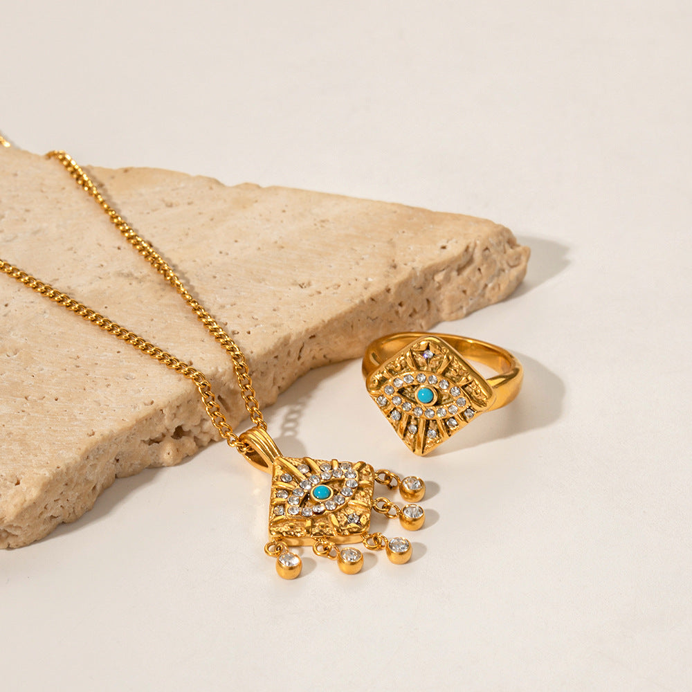 INS Style Geometric Evil Eye Square Pendant Ring in Stainless Steel with 18K Gold Plating and Zircon Inlay