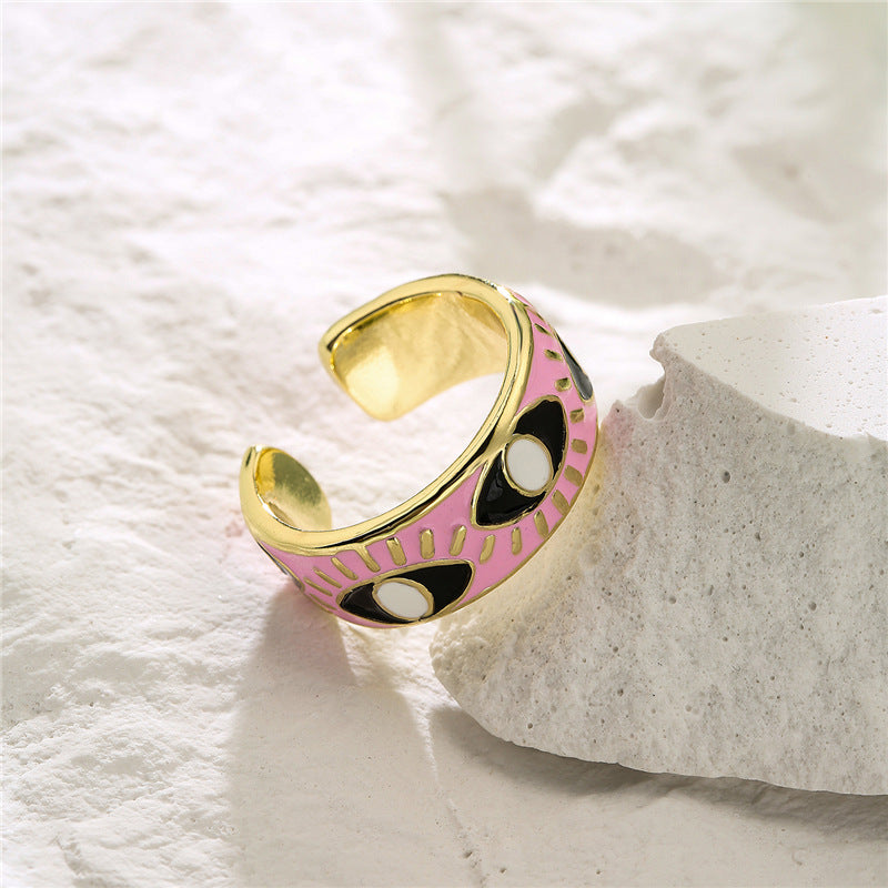 Geometric Eye Shaped Brass Gold Plated Drip Oil Ring for Women