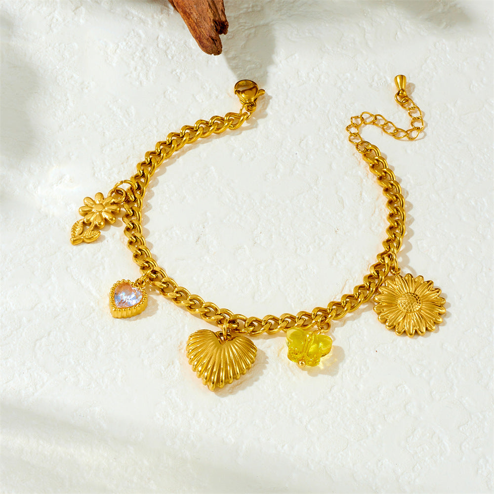 Elegant Gold Plated Stainless Steel Heart and Floral Charm Serpentine Chain Bracelet for Women