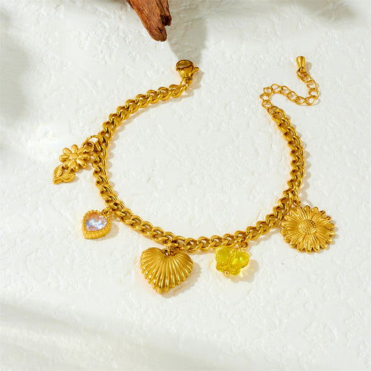 Elegant Gold Plated Stainless Steel Heart and Floral Charm Serpentine Chain Bracelet for Women