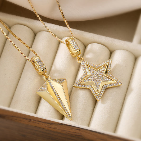 Minimalist 18K Gold Plated Brass Geometric Star Cubic Zirconia Pendant Necklace for Women