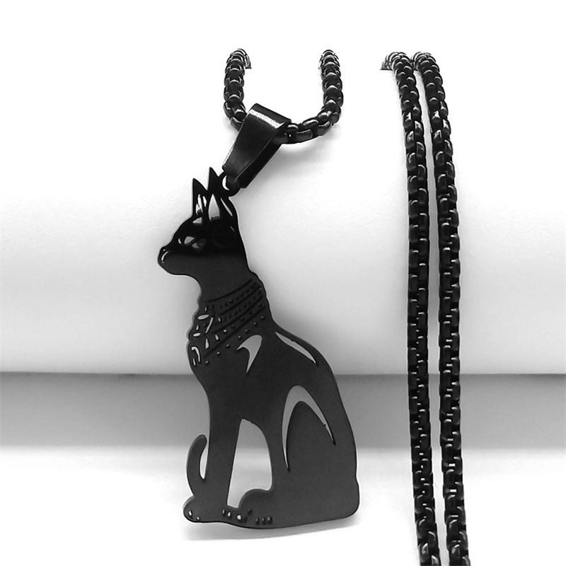 Vintage Egyptian Cat Goddess Pendant Necklace in Stainless Steel with Gold Plating, Animal-Themed Fashion Jewelry for Unisex
